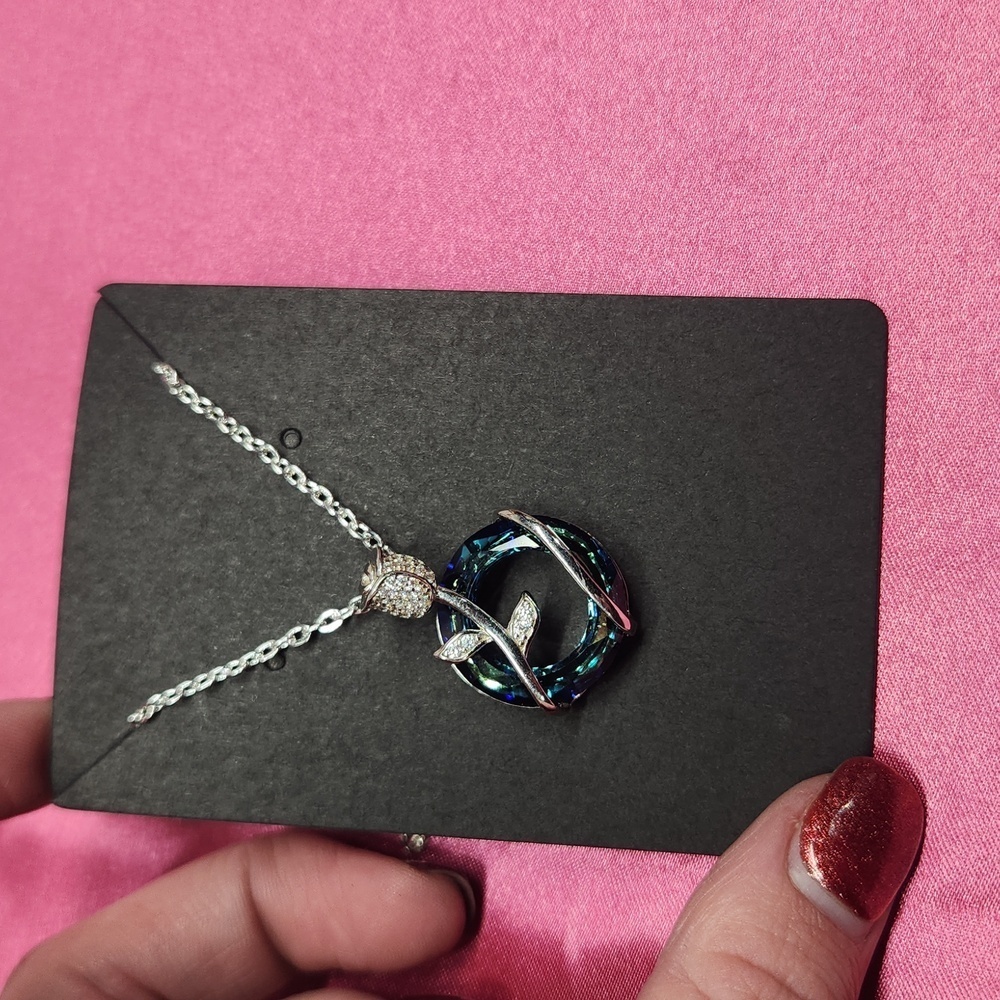 925 Sterling Silver Rose Flower Butterfly Crystal Necklace